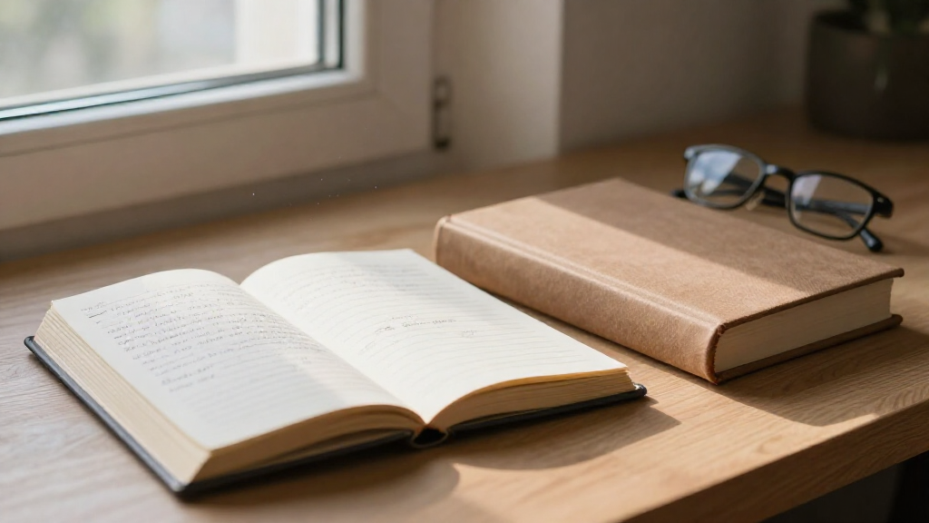 Открытый дневник с заметками и открытая книга на деревянном столе