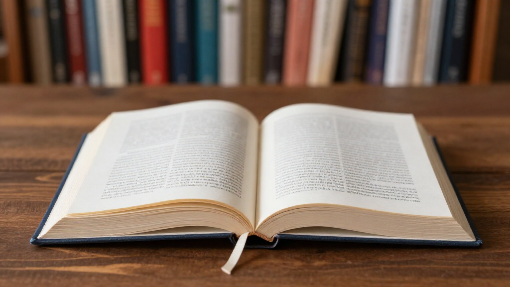 Открытая книга с закладкой на фоне библиотеки