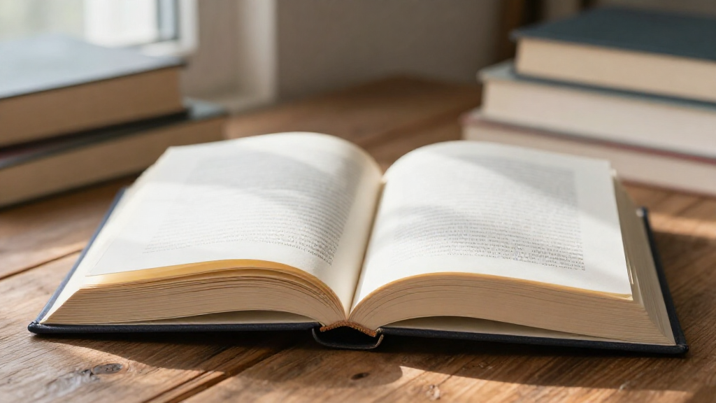 Открытая книга с плотными страницами на деревянном столе