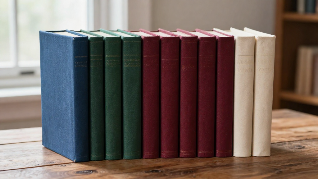 Ряд разноцветных книг в деревянных корешках на столе