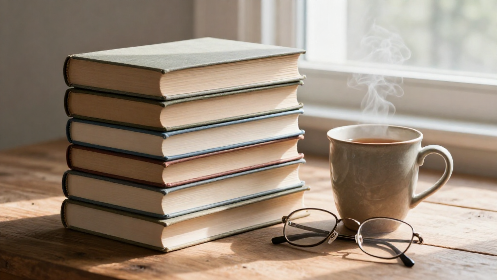 Стопка философских книг на деревянном столе рядом с чашкой чая и очками