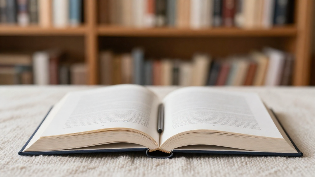 Открытая книга с заметками на фоне размытого окна с книжными полками